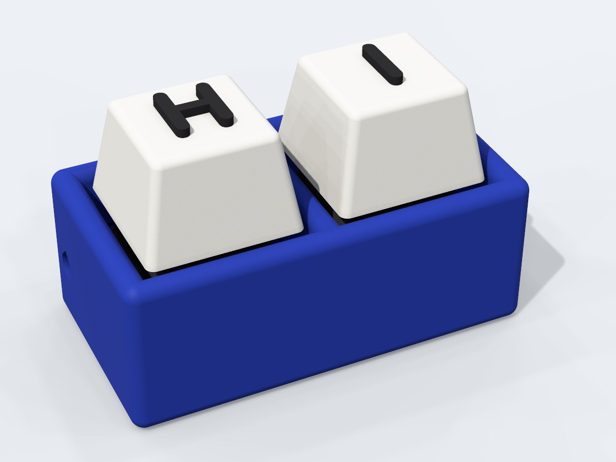 Double clicker, blue body, white caps spelling HI in black
